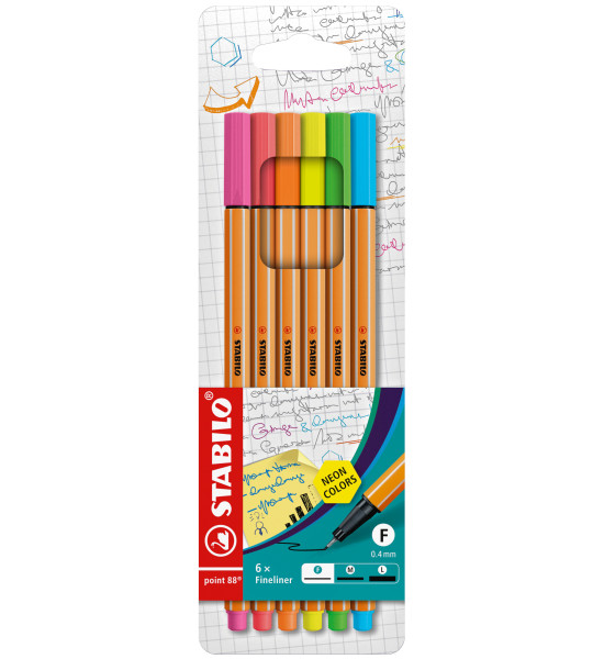 Micropunta/Felpa, Point 88, Punta Fina  0.4 mm, Estuche x 6 Unds. 6 Colores Neón Surtidos
